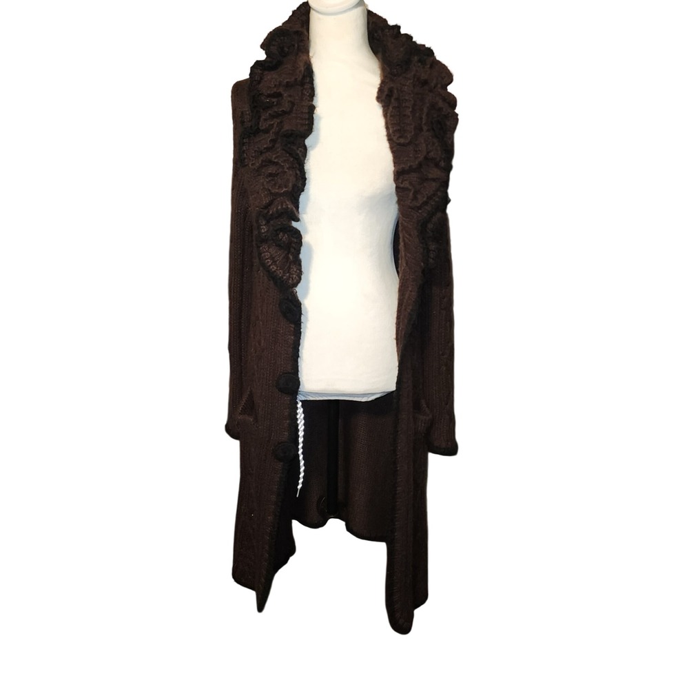 BCBG MAX AZRIA Brown Knit Long Cardigan Boho Sweater Ruffle Collar Buttons XL